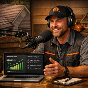 Cinematic wide image of a roofing contractor speaking into a professional podcast microphone in a studio with a laptop showing download stats and inqu